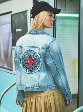 Marvel Spider-Man Embroidered Patches Cropped Denim Jacket, , hi-res